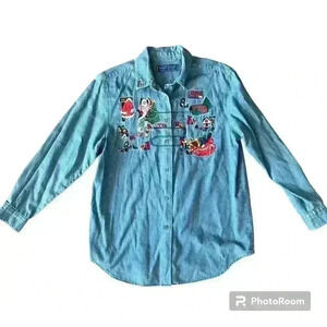 Vintage Y2K Christmas Denim Shirt Santa Workshop Embroidered Size Medium Cottage